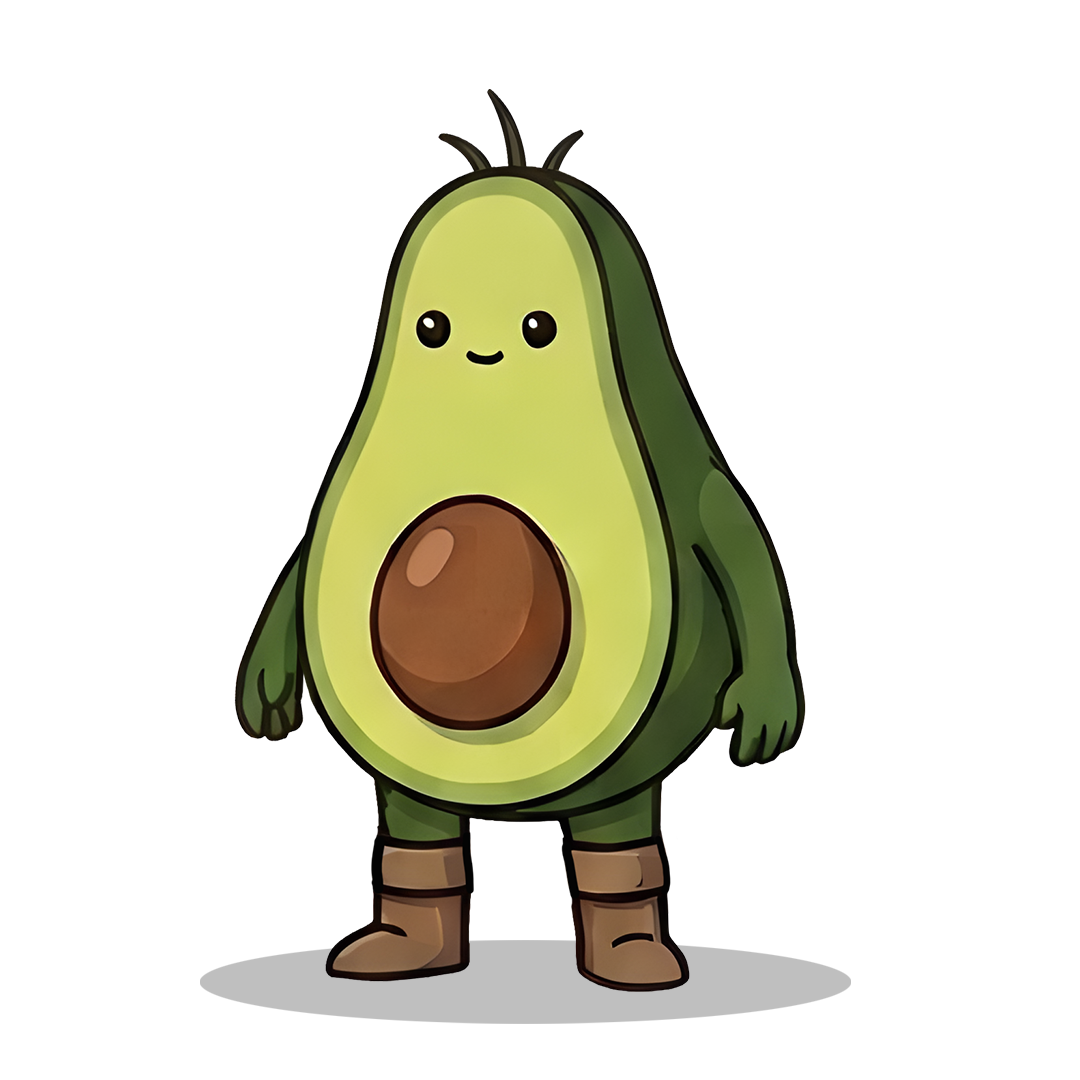 Eine niedliche Avocado-Zeichentrickfigur mit einem lächelnden Gesicht, Armen, Beinen und braunen Stiefeln steht vor einem schlichten Hintergrund auf einem grauen Schatten.