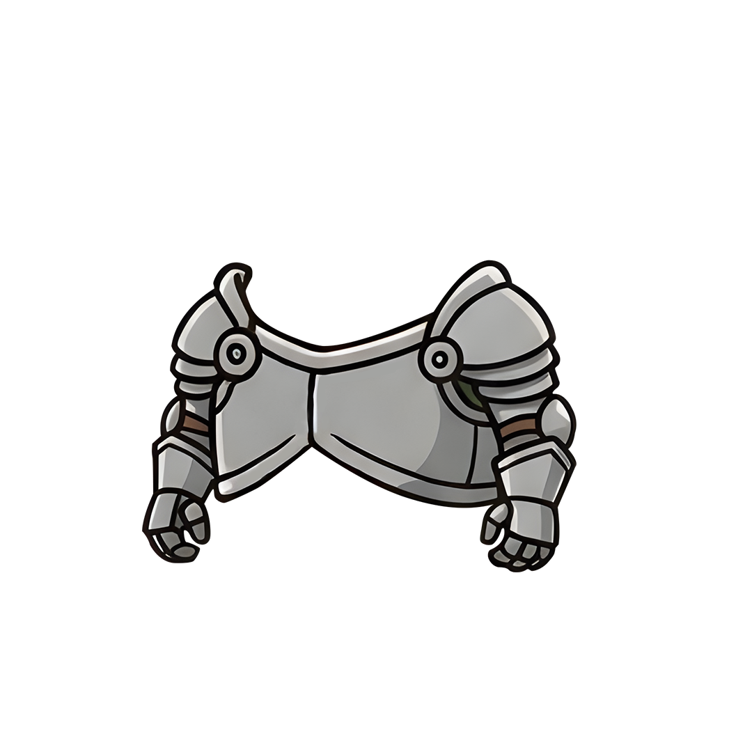Cartoon-Illustration einer silbernen mittelalterlichen Rüstung ohne Kopf, Unterkörper oder Hintergrunddetails, mit Schulterplatten und Handschuhen.