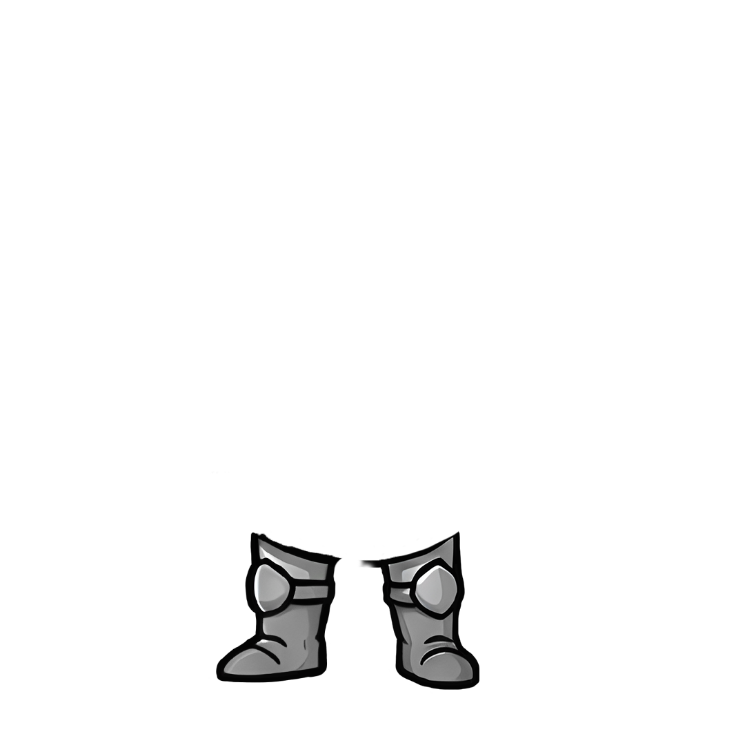 Auf einem schlichten weißen Hintergrund sind graue, gepanzerte Stiefel im Cartoon-Stil mit Knieschützern abgebildet, die für sich allein stehen.