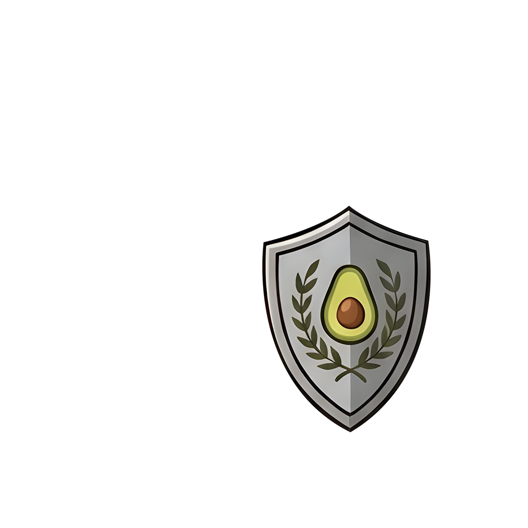 Ein silbernes Wappenschild mit einer Avocado und zwei Olivenzweigen darauf, mittig auf einem schlichten weißen Hintergrund.