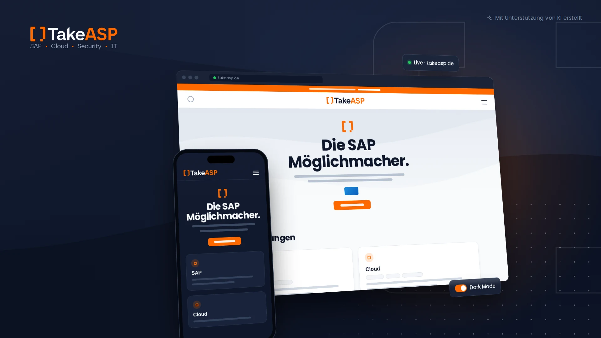 Auf einem Laptop und einem Smartphone wird eine Website mit der Überschrift „Die SAP-Möglichmacher“ angezeigt. Das TakeASP-Logo ist zu sehen, das in den Farben Orange und Schwarz gehalten ist; auf beiden Geräten sind Navigationsmenüs zu sehen.