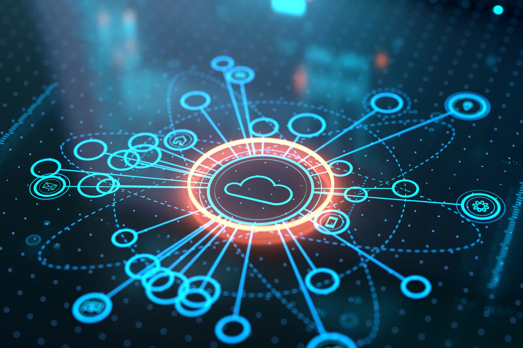 Ein leuchtendes Cloud-Symbol in der Mitte ist durch digitale Linien mit verschiedenen Technologie- und Datensymbolen auf einem dunklen, futuristischen Hintergrund verbunden, was Cloud-Computing und Netzwerkkonnektivität symbolisiert.
