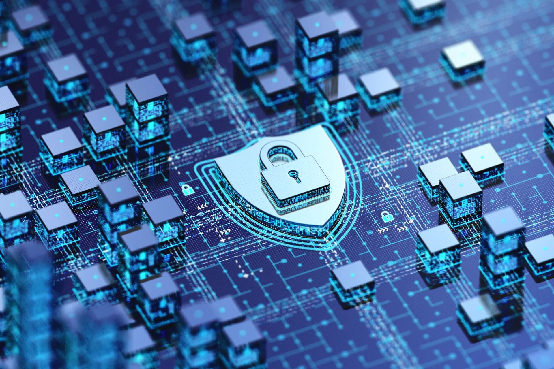 Eine digitale Illustration eines Vorhängeschlosses auf einem Schild über einer Leiterplatte, die mit leuchtend blauen Linien und Würfelformen Cybersicherheit und Datenschutz symbolisiert.